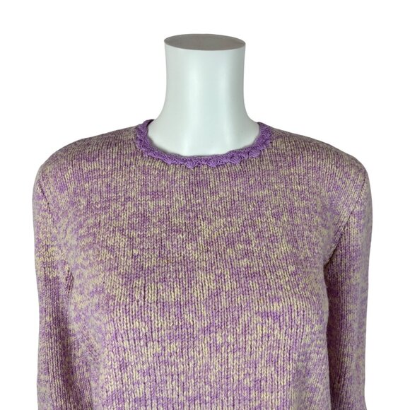 Vintage 60s Crochet Sweater Womens Medium Purple Cream Handmade Pullover - Picture 2 of 9